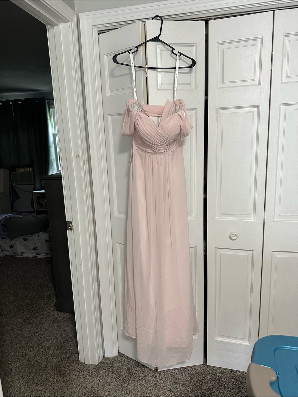 Azazie bridesmaid Dress Corin women’s Blushing Pink Off-Shoulder Chiffon